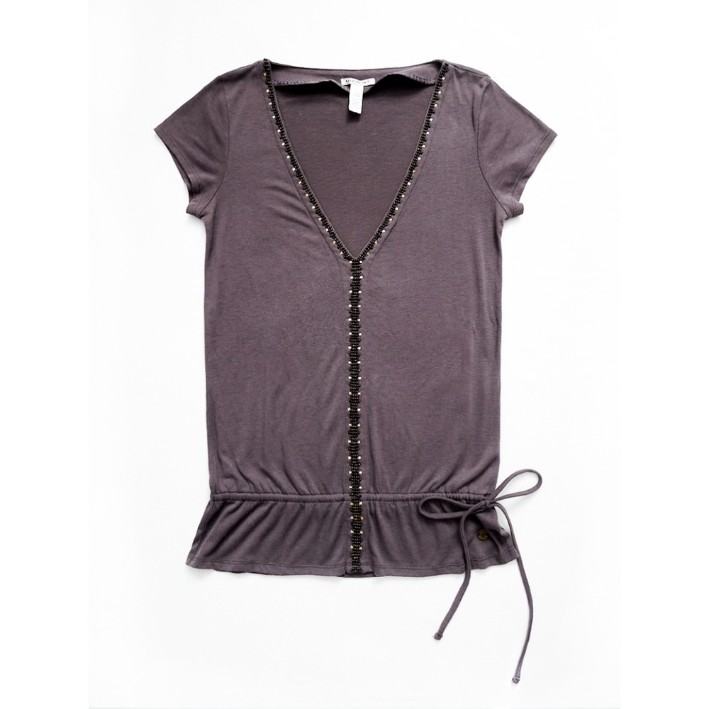 V-Neck Bead Embellished Low Waist Tie Tunic/Top L